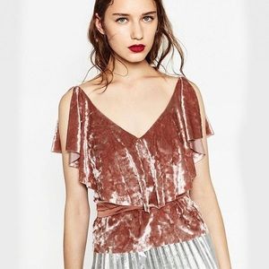 Zara Off the Shoulder Velvet Ruffle Top